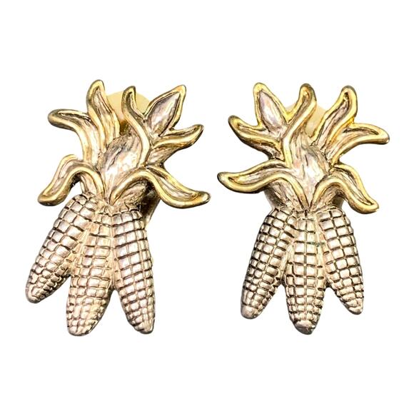Vintage Fall Corn Husk Earrings Signed MJ Clip On - Picture 1 of 5